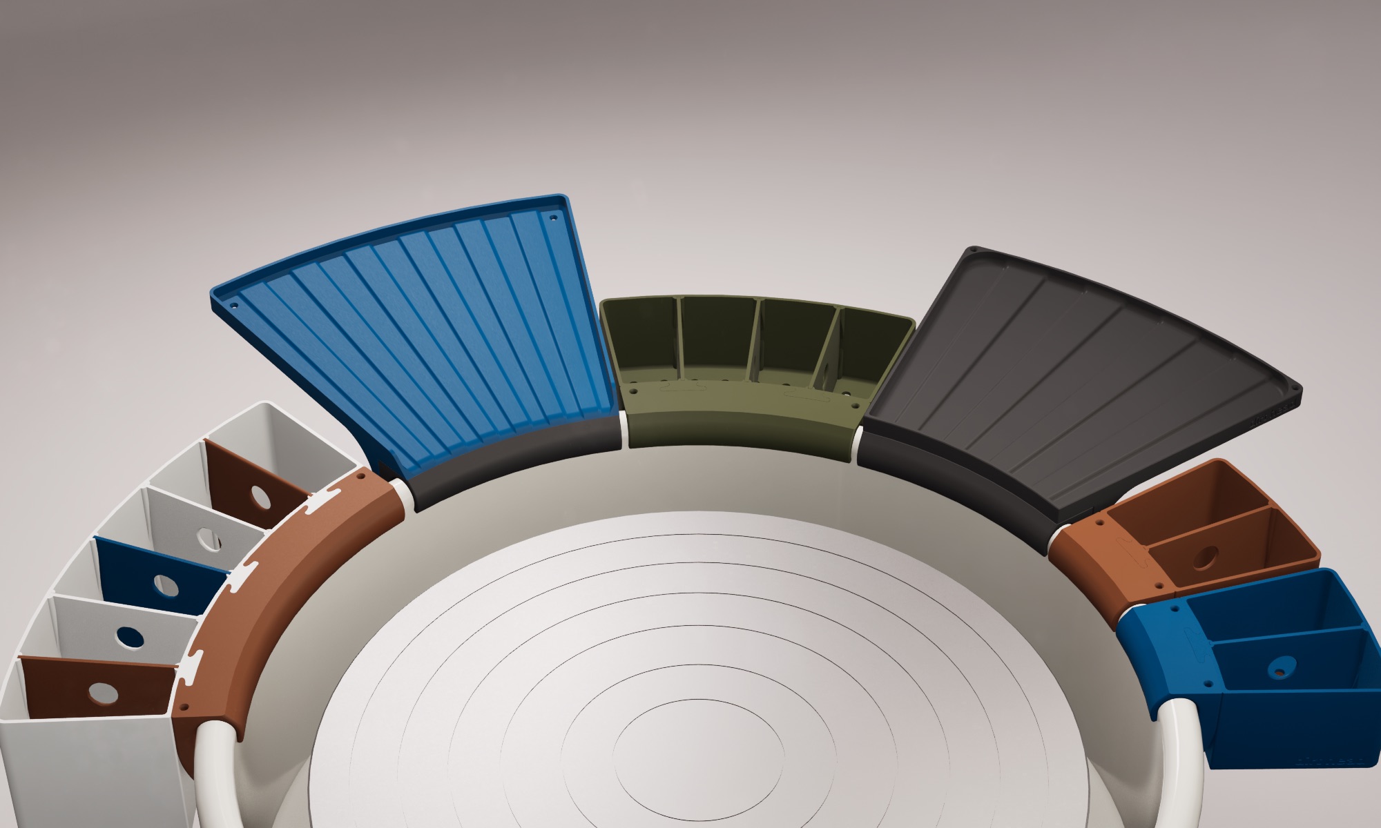 Dirthead boxes and trays in every finish, arranged around a pottery wheel