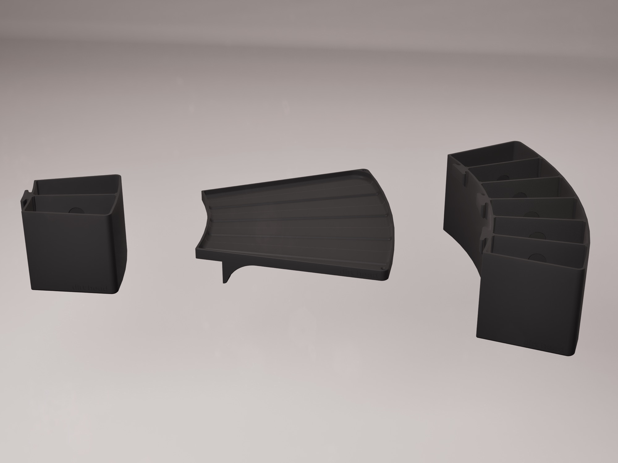 A Dirthead deep box, catch tray and triple box side by side.